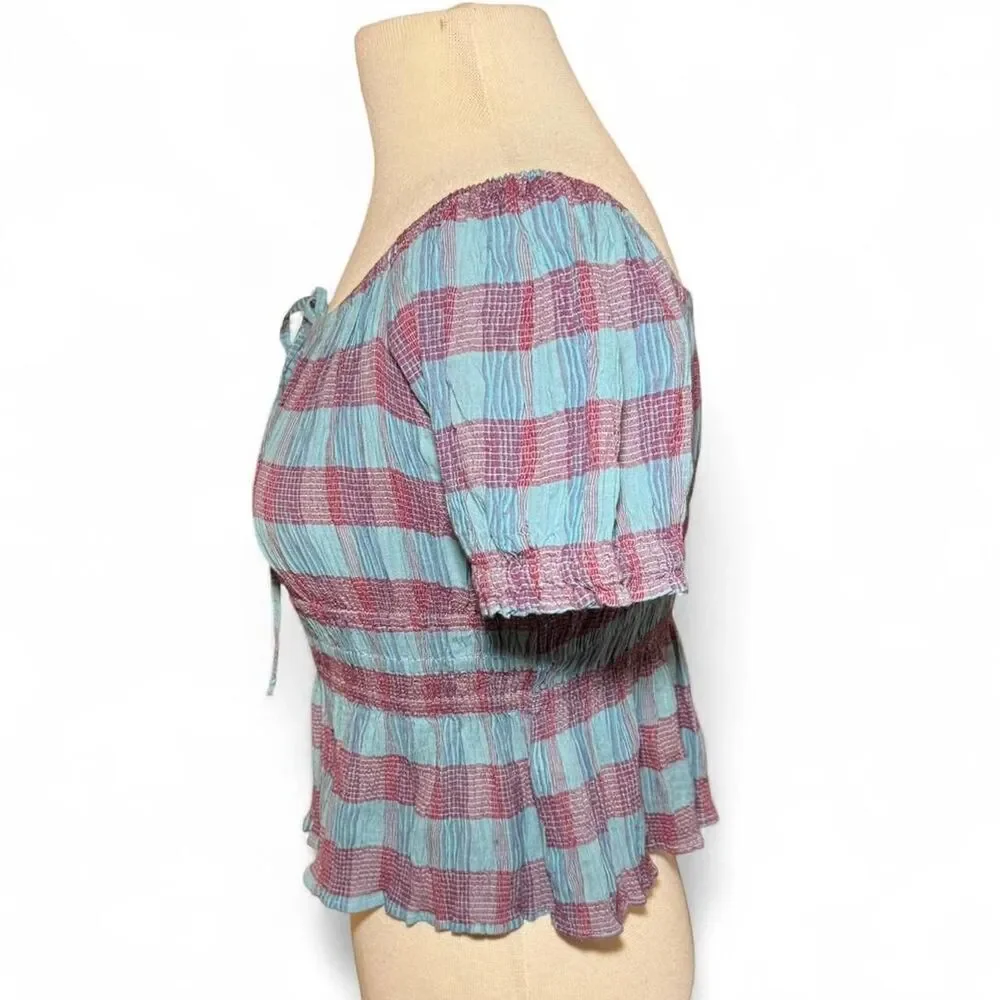 Free People smocked off shoulder plaid peplum peasant top with tie front Sz XS